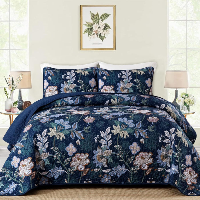 WONGS BEDDING Floral Quilt Set King Size, Grey Botanical King Bedspread Bedding Sets Soft Lightweight Microfiber Flower Gray Coverlet Set 3 Pieces for All Season (104"x90")