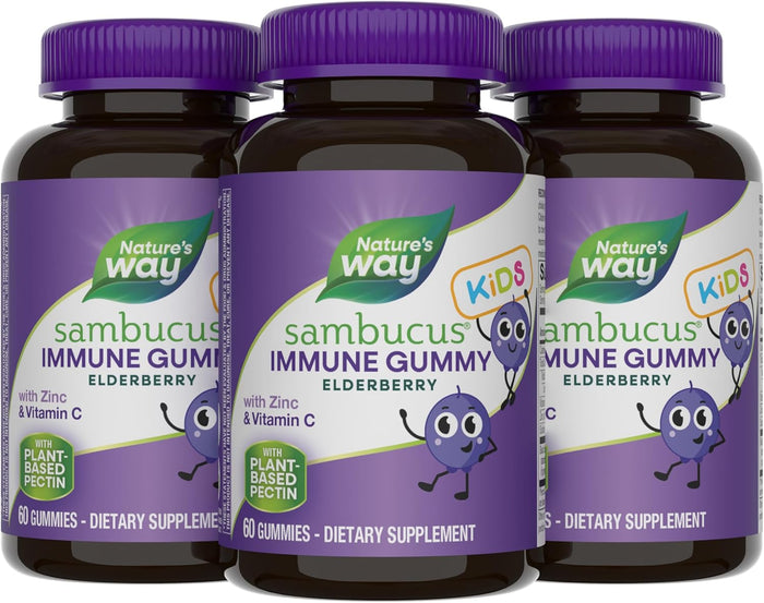 Nature’s Way Sambucus Elderberry Immune Support Gummies for Kids & Adults* with Black Elderberry Extract, Vitamin C, Vitamin D3, and Zinc, 60 Gummies (Packaging May Vary)