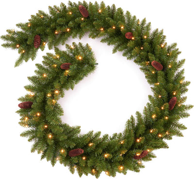 9Ft Pre-Lit Christmas Garland, Plug in, Green, 50 Clear Lights, Fireplace Stairs Mantle Door Indoor Outdoor, Decorated with Pine Cones