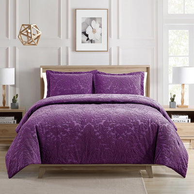 Sunshine Nicole Velvet Jacquard Comforter Set, Velvet Jacquard Face and Brushed Solid Microfiber Reverse, with Light Weight Soft Poly Fill, 3 Pieces Purple, King
