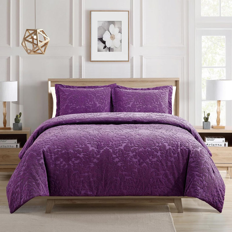 Sunshine Nicole Velvet Jacquard Comforter Set, Velvet Jacquard Face and Brushed Solid Microfiber Reverse, with Light Weight Soft Poly Fill, 3 Pieces Dusty Mauve, Queen