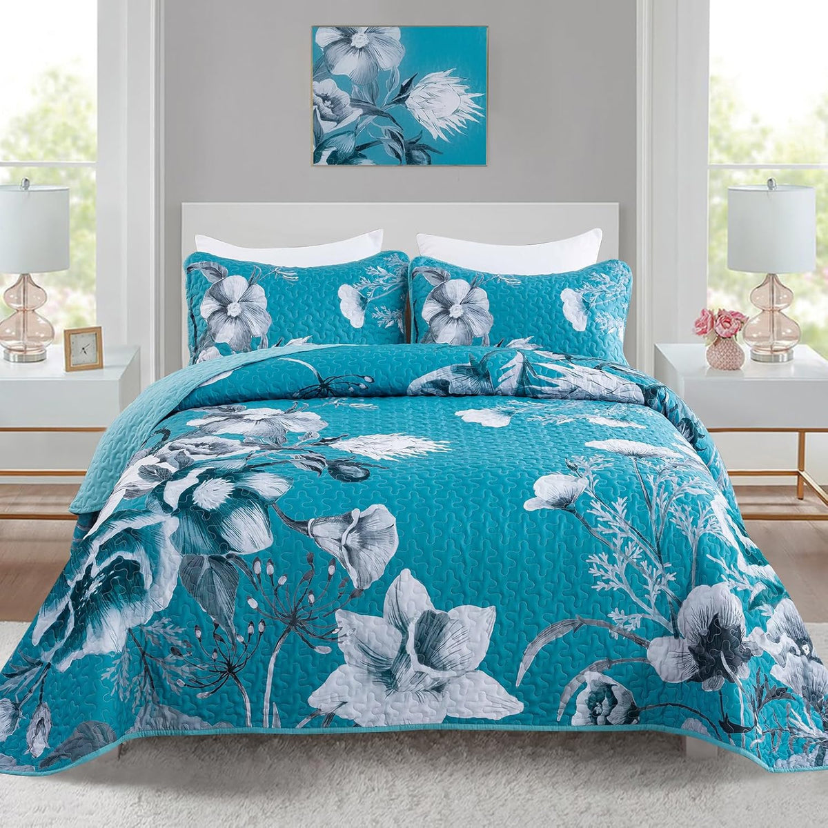 Floral Quilt Set King 3 Pieces Grey Floral Quilt Coverlet Set Soft Microfiber Lightweight White Quilted Bedspread for All Season 104"x90"