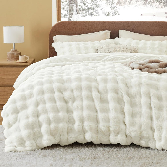 Bedsure Faux Fur Queen Comforter Set - Beige Fluffy Comforter Queen Size, Soft and Cozy Shaggy Bedding Comforter Sets, Winter Warm Luxury Fuzzy Bed Set 3 Pieces, 1 Comforter and 2 Pillowcases