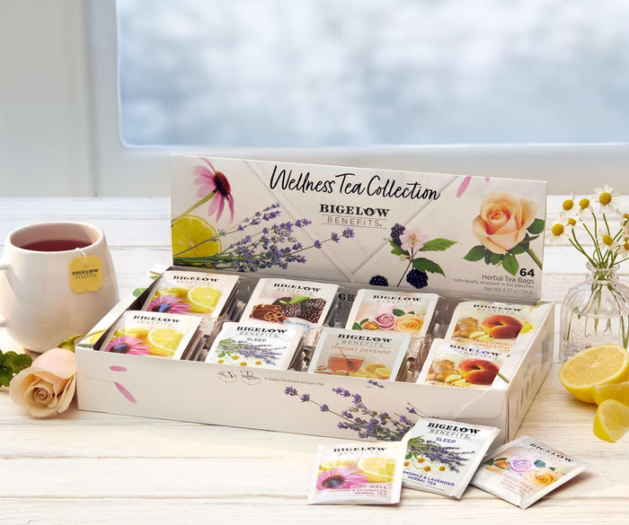 Bigelow Benefits Wellness Tea Collection, Variety Gift Box Sampler, 64 Tea Bags, (Pack of 1