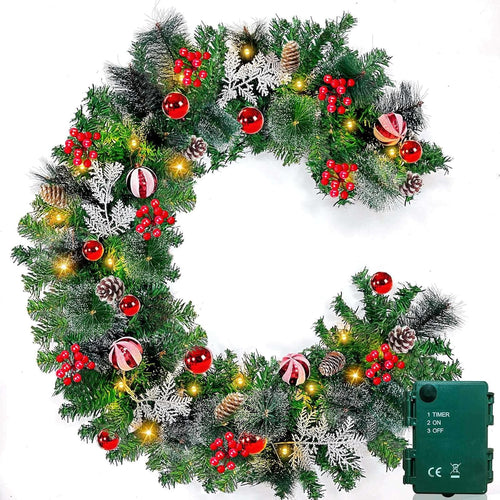 6 Ft by 10 Inch Pre-lit Artificial Christmas Garland with 30 Warm Lights Timer Battery Operated 150 Snowy Bristle Pine Branches 56 Red Berries 8 Pinecones Xmas Decor for Home Indoor Mantle Fireplace