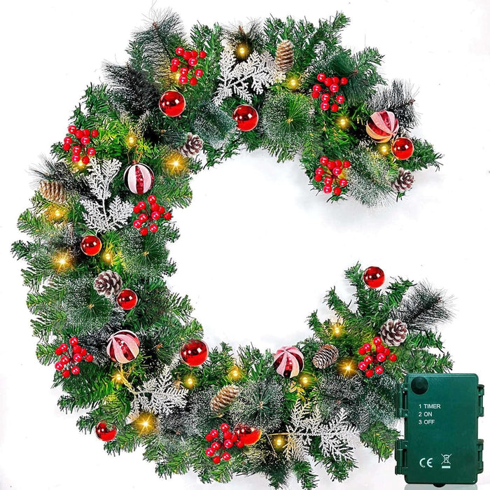 6 Ft by 10 Inch Pre-lit Artificial Christmas Garland with 30 Warm Lights Timer Battery Operated 150 Snowy Bristle Pine Branches 56 Red Berries 8 Pinecones Xmas Decor for Home Indoor Mantle Fireplace