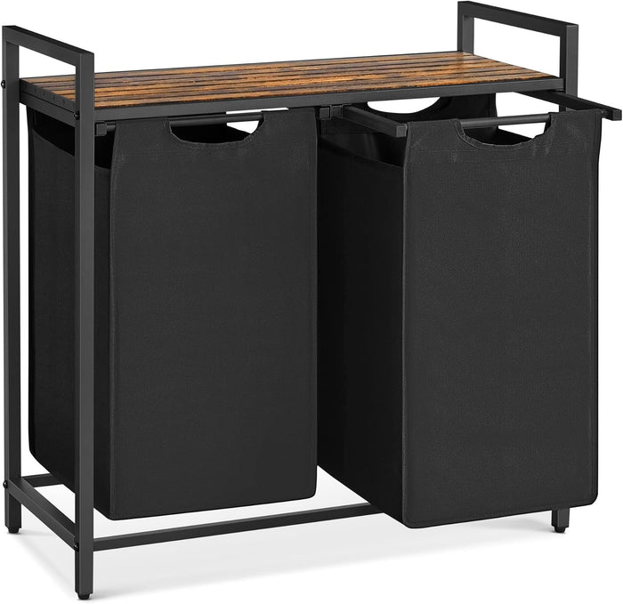 VASAGLE Laundry Hamper, Laundry Basket, Laundry Sorter with 3 Pull-Out and Removable Bags, Shelf, Metal Frame, 3 x 10.6 Gallons (40 L), 36.4 x 13 x 28.4 Inches, Ink Black and Rustic Brown UBLH301B01