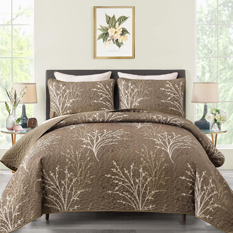 DJY Sage Green Quilt Set Full Size, Branch Botanical Pattern Bedspread Coverlet Set, 3 Piece Microfiber Green Floral Quilt Bedding Set Lightweight Summer Bedspread for All Season, 80''x90''