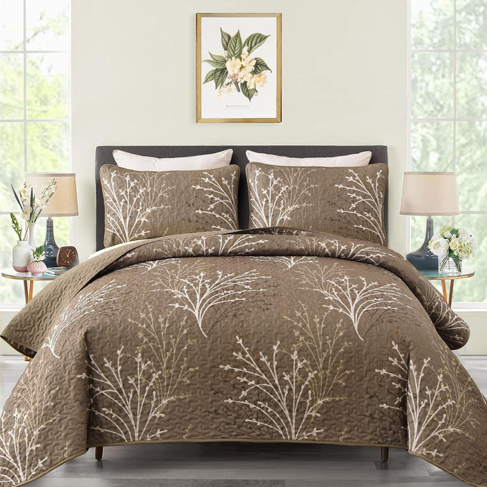 DJY Sage Green Quilt Set Full Size, Branch Botanical Pattern Bedspread Coverlet Set, 3 Piece Microfiber Green Floral Quilt Bedding Set Lightweight Summer Bedspread for All Season, 80''x90''