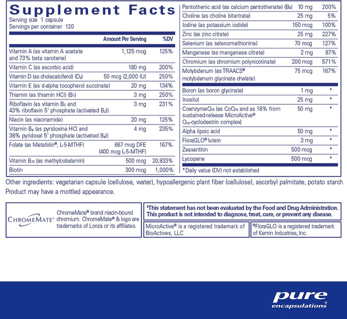 Pure Encapsulations O.N.E. Multivitamin - Once Daily Multivitamin with Antioxidant Complex Metafolin, CoQ10, and Lutein to Support Vision, Cognitive Function, and Cellular Health* - 120 Capsules