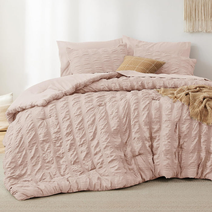 Bedsure Bed in a Bag Full - 7 Pieces Plaid Seersucker Bedding Comforter Sets, Soft Lightweight White Boho Bed Set with Comforters Full Size, Sheets, Pillowcases & Shams