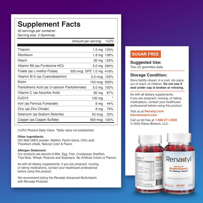 Renadyl Advanced Multivitamin Gummy for Kidney Health | Optimized Levels of Essential Vitamins and Minerals | 60 Chewable Gummies | Berry Flavored | Made in USA