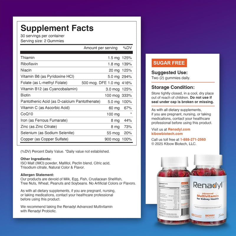 Renadyl Advanced Multivitamin Gummy for Kidney Health | Optimized Levels of Essential Vitamins and Minerals | 60 Chewable Gummies | Berry Flavored | Made in USA
