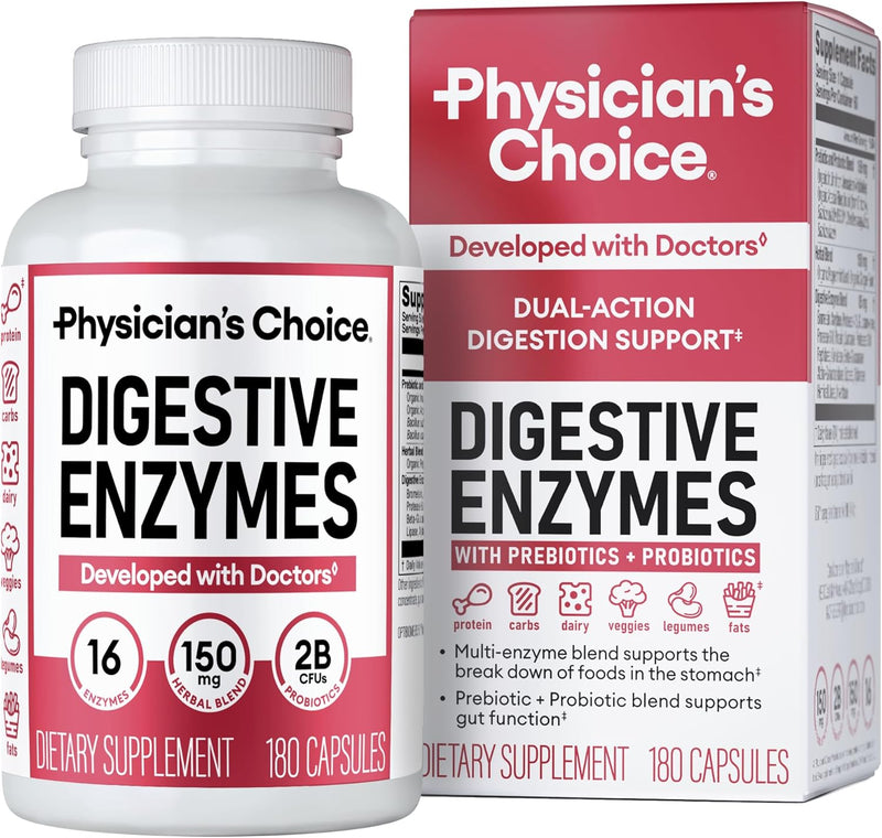 Physician's CHOICE Digestive Enzymes - Multi Enzymes, Organic Prebiotics & Probiotics for Digestive Health & Gut Health - Meal Time Discomfort Relief & Bloating - Dual Action Approach - 60 CT