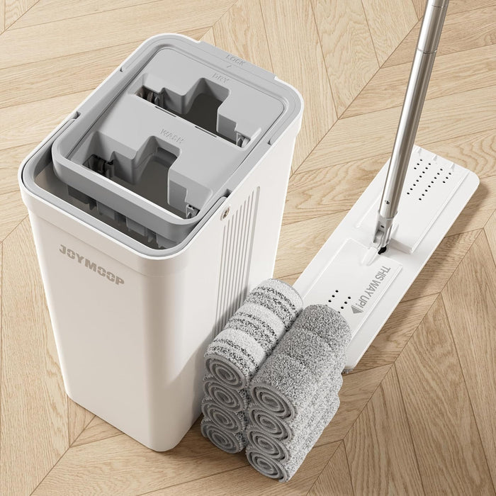 JOYMOOP Mop and Bucket with Wringer Set for Home, Flat Mop and Bucket System, Mops for Floor Cleaning and Wall Cleaner, with 3 Reusable Microfiber Mop Pads