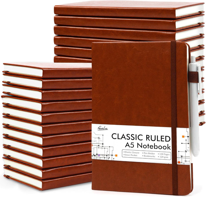 feela 24 Pack Journal Notebook for Work, Business Notebook Bulk Hardcover Lined Writing Journal with Pen Holder for Men Women Note Taking, with 24 Black Pens, 120 GSM, 5.1”x8.3”, A5, Wine