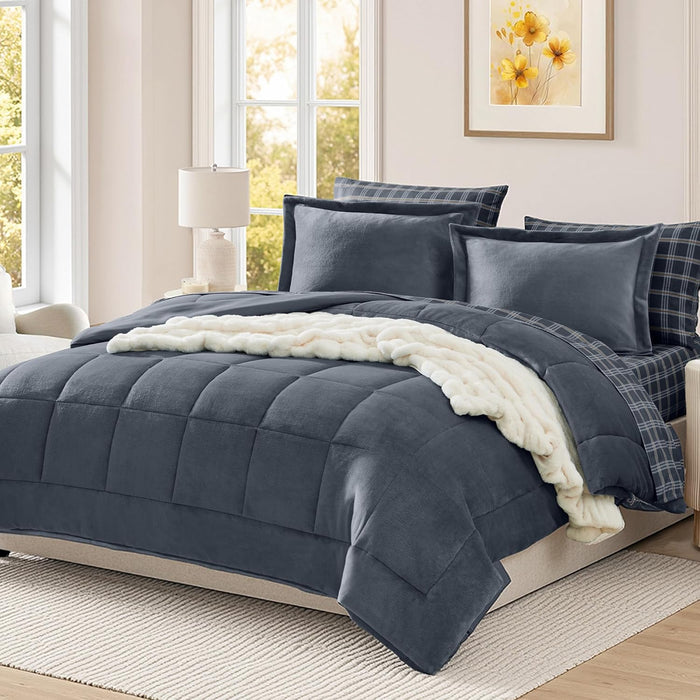 Plush Queen Comforter Set Brown, Flannel Velvet Comforter Sets 7 Pieces Bed in a Bag, Soft Warm Winter Bedding Set with Sheets, Pillowcases & Shams