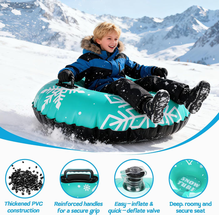 36 Inch Inflatable PVC Snow Tubes for Adults & Kids - Family Outdoor Winter Sledding Set with Thickened Hard Bottom & Handles for Safe Winter Snow Sports Fun