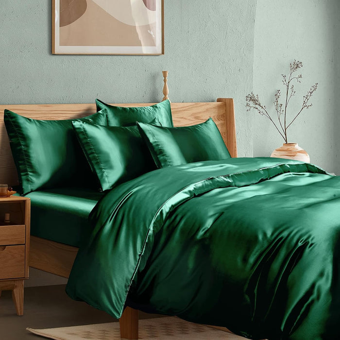 Manyshofu 6Pcs Rose Gold Duvet Cover Set Queen Size - Satin Fitted Sheet & Pillowcases, Silky Duvet Cover