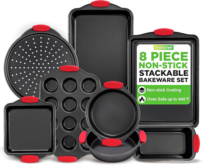 NutriChef 3-Piece Nonstick Kitchen Oven Baking Pans - Premium & Stylish Non-Stick Steel, Commercial Grade Restaurant Quality Metal Bakeware with Red Silicone Handles - Easy to Clean, NCSBS3S