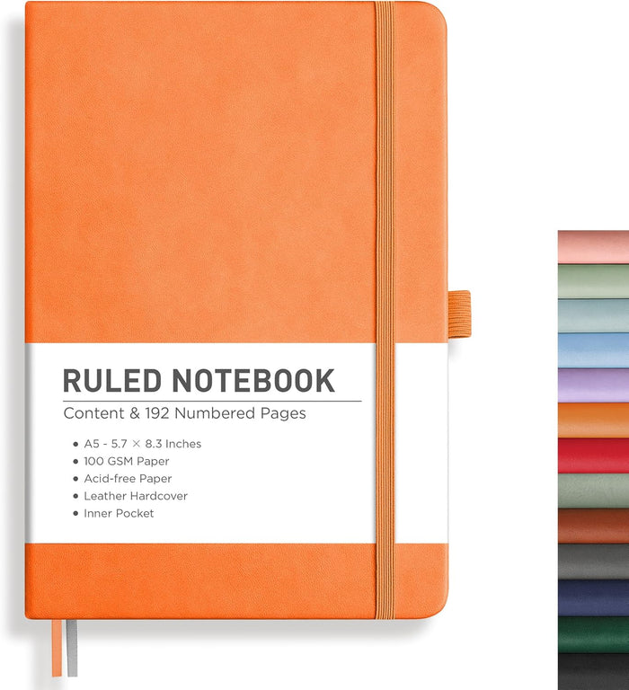 RETTACY Lined Journal Notebook, 192 Numbered Pages, A5 Medium Size (5.7'' x 8.3''), for Men & Women, Journaling, Writing, Work & Office, Leather Hardcover, 100 GSM Thick Paper (Brown)