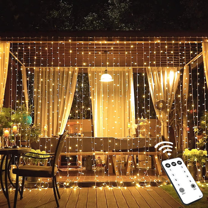 JMEXSUSS 300 LED Remote Control Curtain Lights, Plug in Fairy Curtain Lights Outdoor, Window Wall Hanging String Lights for Bedroom Backdrop Wedding Party Indoor Christmas Patio Dorm Decor, Warm White