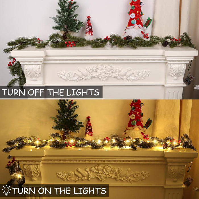 CCINEE Christmas Garland with Lights, 6 FT Battery Operated Prelit Norfolk Pine Garland with 35 LEDs Red Berries Pine Cones Artificial Decoration for Mantle Stairs Fireplace Table Christmas Decor