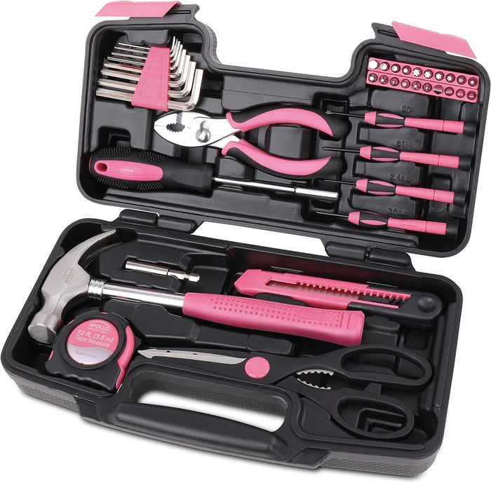 Apollo Tools 135 Piece Household Pink Hand Tools Set with Pivoting Dual-Angle 3.6 V Lithium-Ion Cordless Screwdriver - DT0773N1