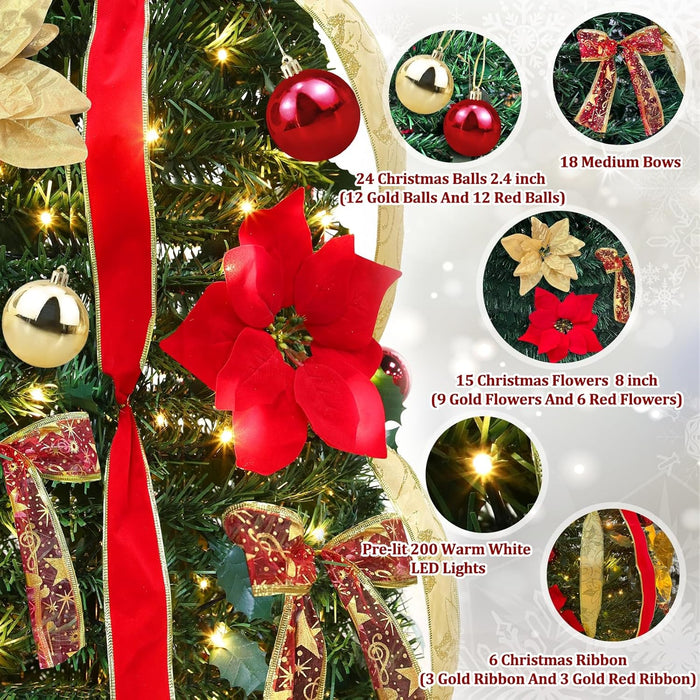 6.5 Ft Prelit Full Pop up Christmas Tree with Timer 8 Mode 200 Warm Lights, Ornaments, Red&Gold Ribbon, Flowers, Bows,UL Plug Powered, Fire-Resistant Collapsible Outdoor Indoor Holiday Party Decor