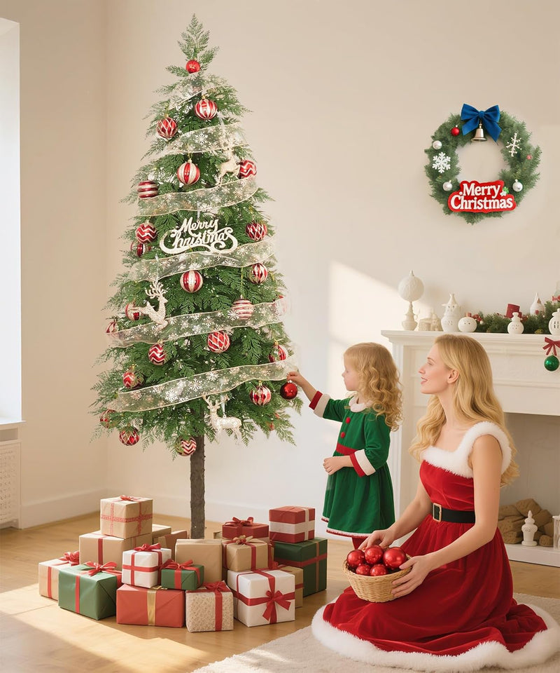 Decoway 7FT Artificial Christmas Tree with 350 Warm White Led Lights, Pre-Lit Xmas Tree with Realistic Bark for Indoor Outdoor Holiday Decor