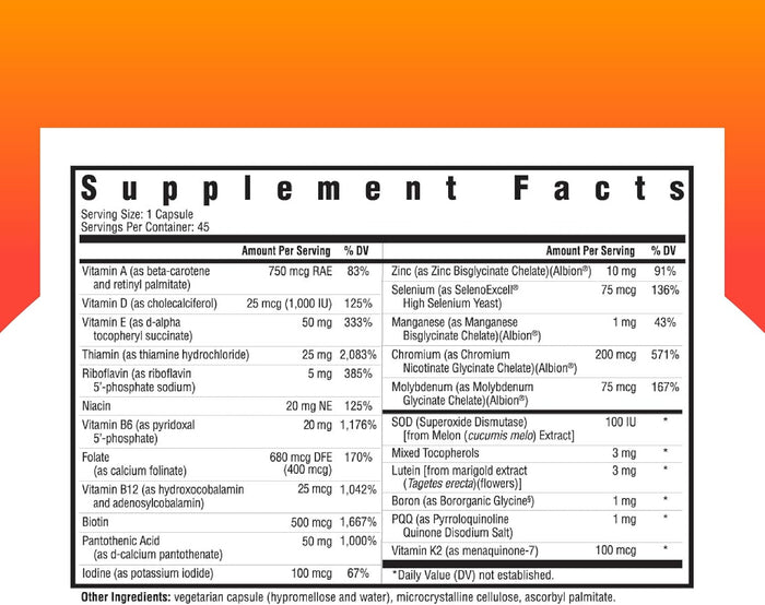 Seeking Health Multivitamin One MF, 1 a Day Multivitamin Supplement for Adults, Methyl-Free Bioavailable B12 and Folinic Acid, Vitamin A, PQQ, MTHFR Support, Vegetarian Capsules (45 Capsules)