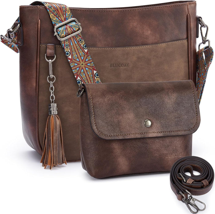 Blucoay 2PCS Crossbody Bags Purses for Women Set,Vegan Leather Hobo Bags Wallet Set,Shoulder Handbags With 2 Adjustable Strap