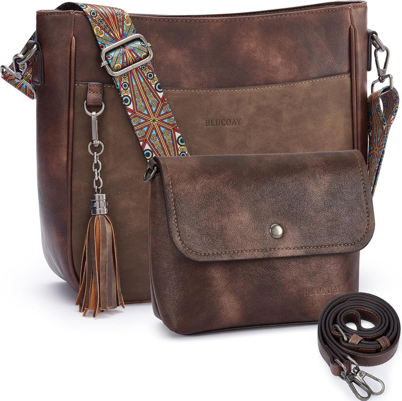 Blucoay 2PCS Crossbody Bags Purses for Women Set,Vegan Leather Hobo Bags Wallet Set,Shoulder Handbags With 2 Adjustable Strap