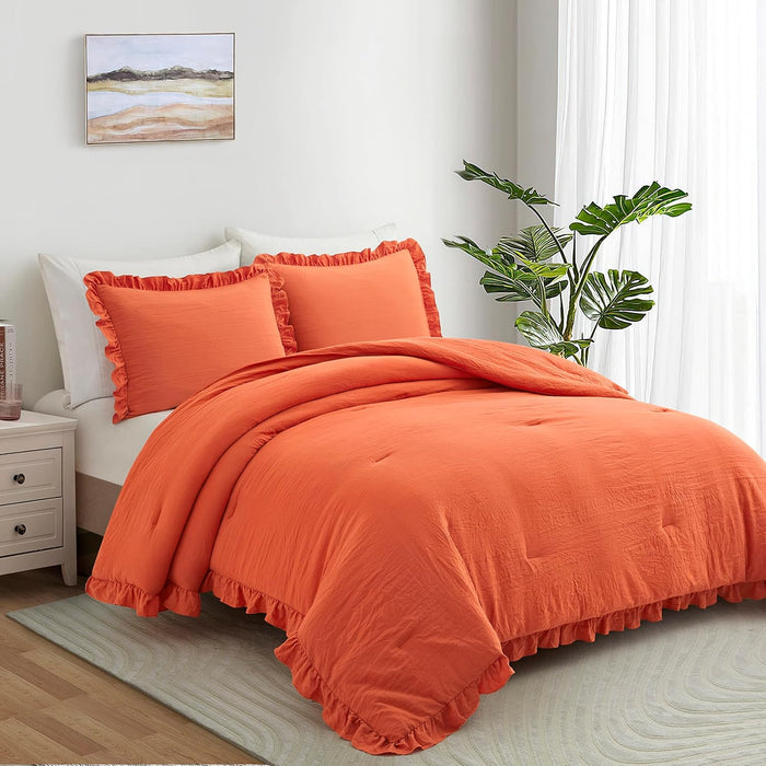 Queen Comforter Set - Ruched Comforter Queen Size Bed Set Boho Shabby Chic Bedding for Bedroom Comforter Fluffy 3 Piece Ruffle Comforter Set with Pillow White Bedding Soft