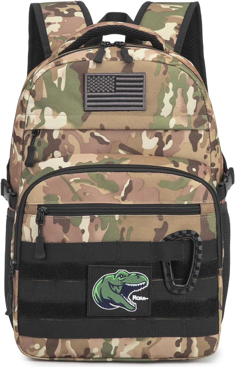 Kids Tactical Backpack Army Molle Bookbag Military Boys Backpack for School, Outdoor, Camping (Includes 2 Patches+1Carabiner), Black Camo