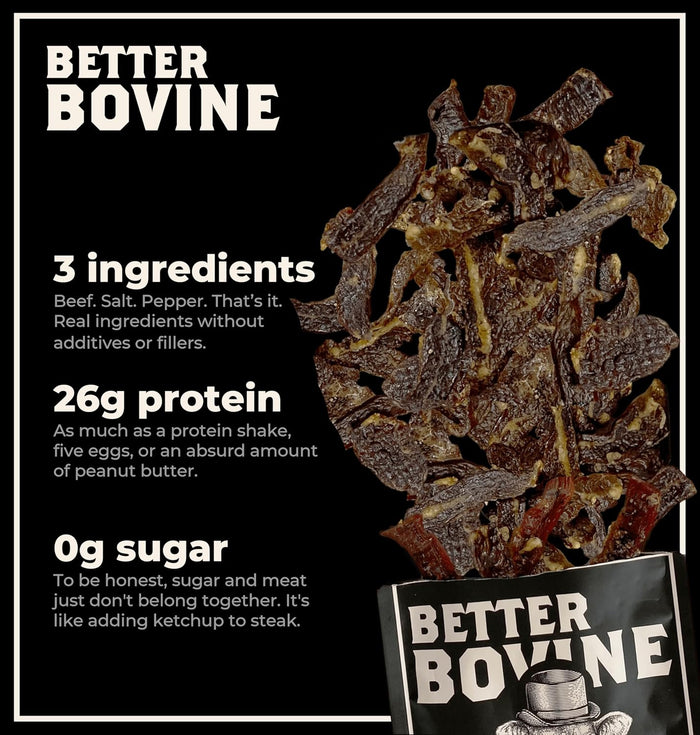 BETTER BOVINE Grass Fed Wagyu Beef Jerky, Keto, Paleo, Low Carb, High Protein, Gluten Free, Sugar Free, Non-GMO, Nitrate Free, Preservative Free, No Antibiotics, No Added Hormones, 26g Protein, 0g Carbs, 180 Calories, Salt and Pepper 5 Pack