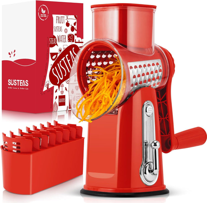 SUSTEAS Rotary Cheese Grater with Handle - Vegetable Shredder with 5 Well-designed Blades & Strong Suction Base,Round Mandoline Slicer & Food Chopper for Kitchen,with Blade Storage Box(Retro Green)