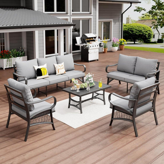 5 Piece Patio Furniture Set, Outdoor All Weather Conversation Sofa Set with 2 Swivel Chairs, Rope Braided Design and Thick Cushions for Garden, Porch, Lawn, Beige