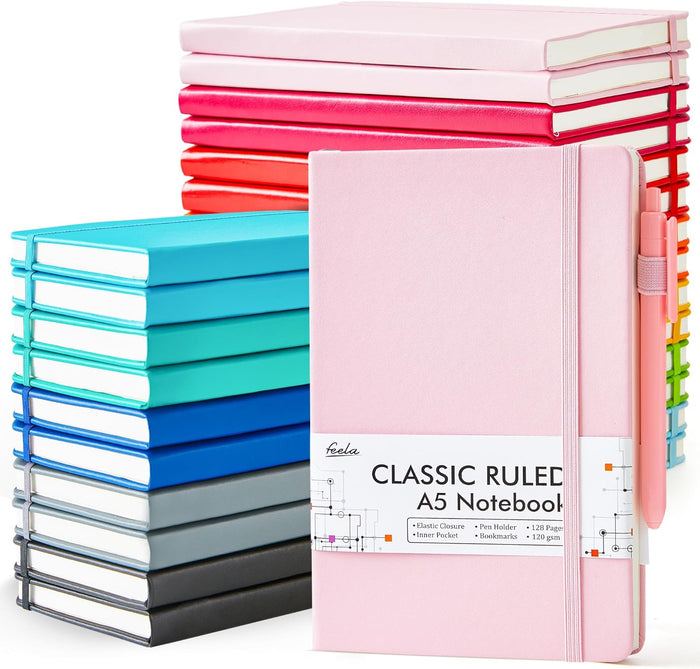 feela 24 Pack Journal Notebook for Work, Business Notebook Bulk Hardcover Lined Writing Journal with Pen Holder for Men Women Note Taking, with 24 Black Pens, 120 GSM, 5.1”x8.3”, A5, Wine