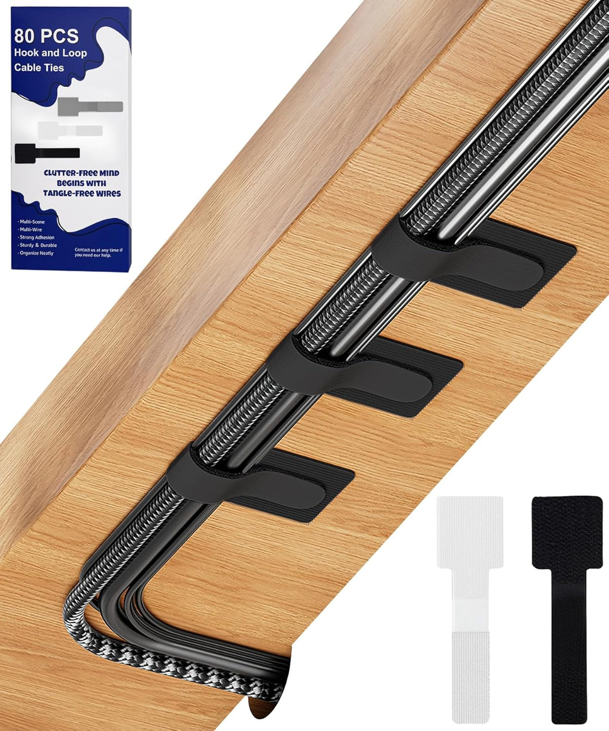 80PCS Hook and Loop Cable Ties, Hook and Loop Cable Straps, Under Desk Cable Management, Adhesive Cable Clips, Sticky-Back Cord Organizer for Desk, Household & Office Organization (White+Gray)