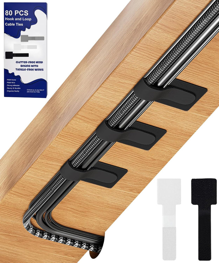 80PCS Hook and Loop Cable Ties, Hook and Loop Cable Straps, Under Desk Cable Management, Adhesive Cable Clips, Sticky-Back Cord Organizer for Desk, Household & Office Organization (White+Gray)