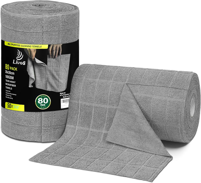 LIVOS Microfiber Cleaning Cloth Roll - 80 Pack, Reusable Paper Towels, Microfiber Towels for Cars, Super Absorbent Lint Free Cleaning Rags for House, Kitchen, Window-Light Purple, 11.5"x11.5"