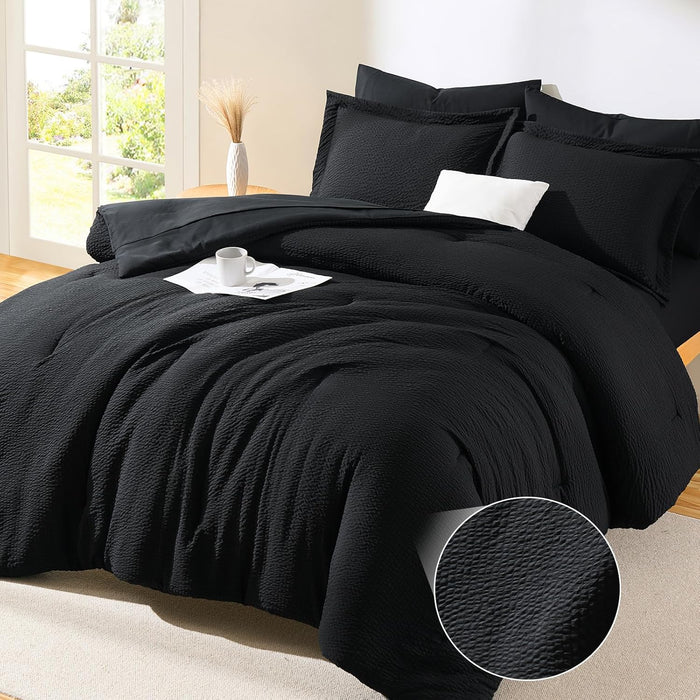 CozyLux Queen Comforter Set Beige - 7 Pieces Striped Seersucker Bed in a Bag, Soft Lightweight Boho Bedding Set with All Season Comforters Queen Size, Sheets, Pillowcases & Shams