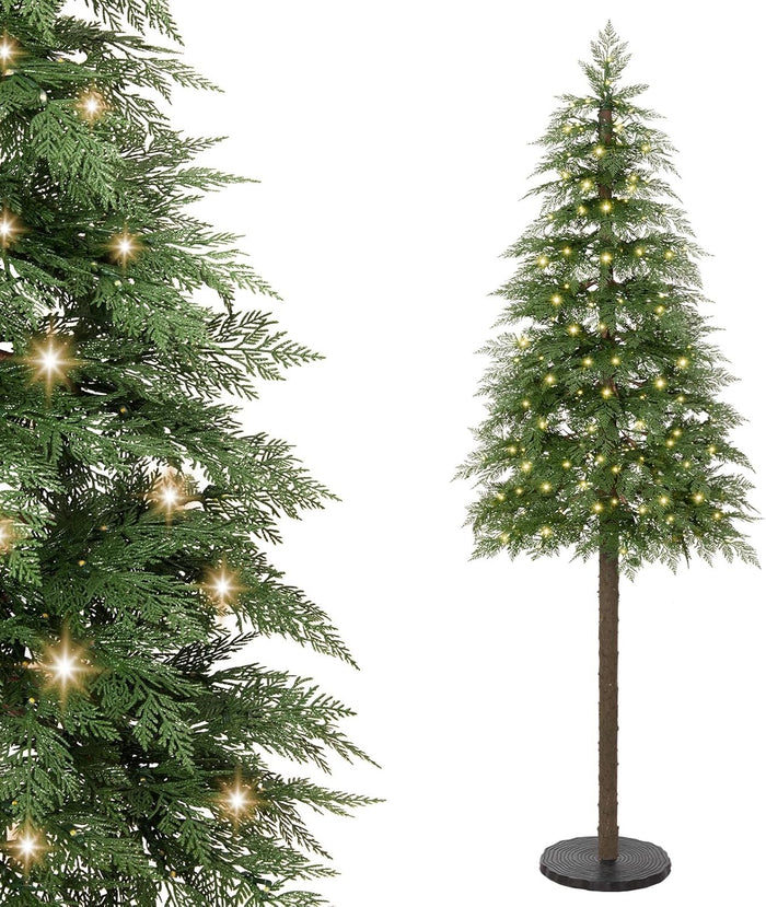 Decoway 7FT Artificial Christmas Tree with 350 Warm White Led Lights, Pre-Lit Xmas Tree with Realistic Bark for Indoor Outdoor Holiday Decor
