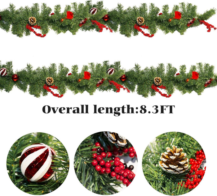 FUNPENY 9 FT Artificial Christmas Garland, Pre-Lit 50 LED Battery Operated Lighted Xmas Garland with 8 Modes for Indoor Holiday Door Home Decorations (Red)