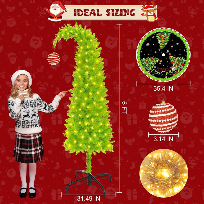 Grinchs Christmas Tree 6FT, Whimsical Bendable Artificial Tree, Lime Green Design with Tree Skirt & Red Ball Ornament, Christmas Decorations Indoors and Outdoors
