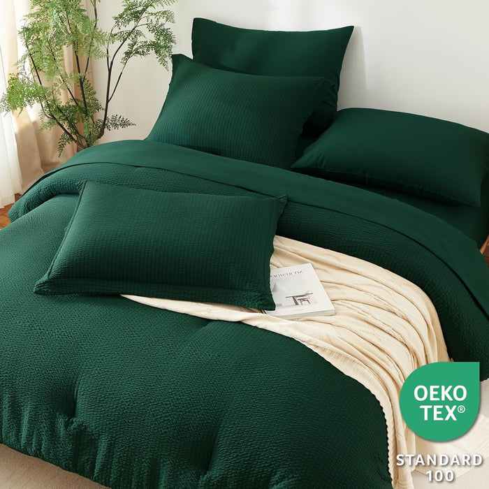 CozyLux Queen Comforter Set Emerald Green - 7 Pieces Striped Seersucker Bed in a Bag, Soft Lightweight Boho Bedding Set with All Season Comforters Queen Size, Sheets, Pillowcases & Shams