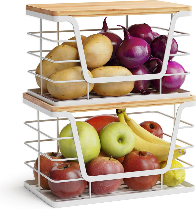 ALOCEO 2 Pack Storage Stackable Kitchen Laundry Organizers with Bamboo Top, Large Trash Bag Holder and Small Garbage Bag Dispenser for Countertop Organization
