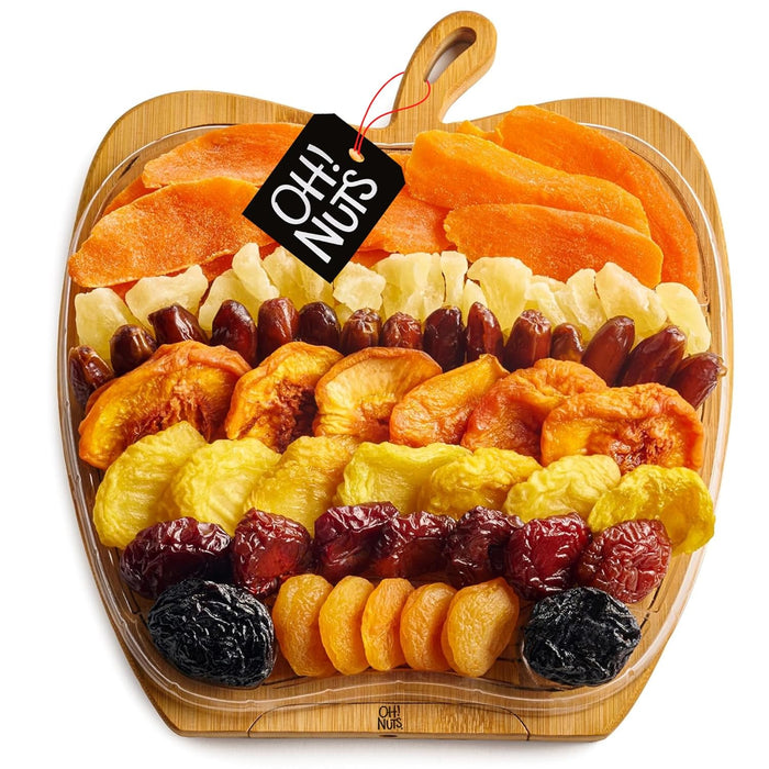 Oh! Nuts Dried Fruit Gift Basket - Gourmet Gift Baskets - Holiday Healthy Assortment Dried Fruits Gift Box - Crafted in the USA - Wooden Apple Shape Gift Tray - (Honey Beige)