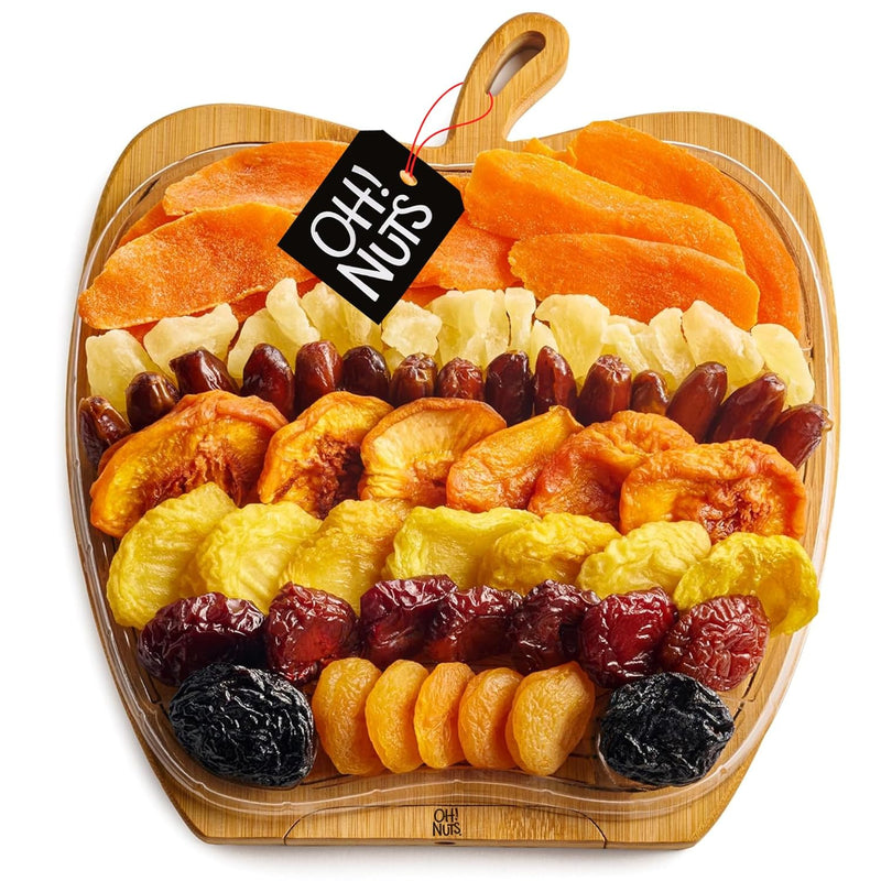 Oh! Nuts Dried Fruit Gift Basket - Gourmet Gift Baskets - Holiday Healthy Assortment Dried Fruits Gift Box - Crafted in the USA - Wooden Apple Shape Gift Tray - (Honey Beige)